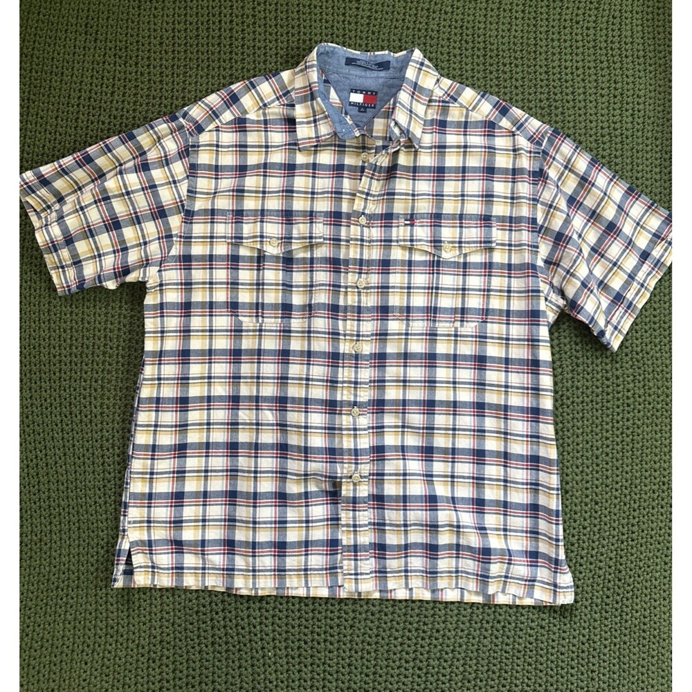 Tommy Hilfiger Men's Large Plaid Button-Up Shirt  Short Sleeve 90’s Y2K Preppy